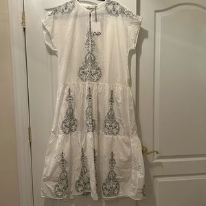 NWT ZARA White Dress with Black Designs Size XS